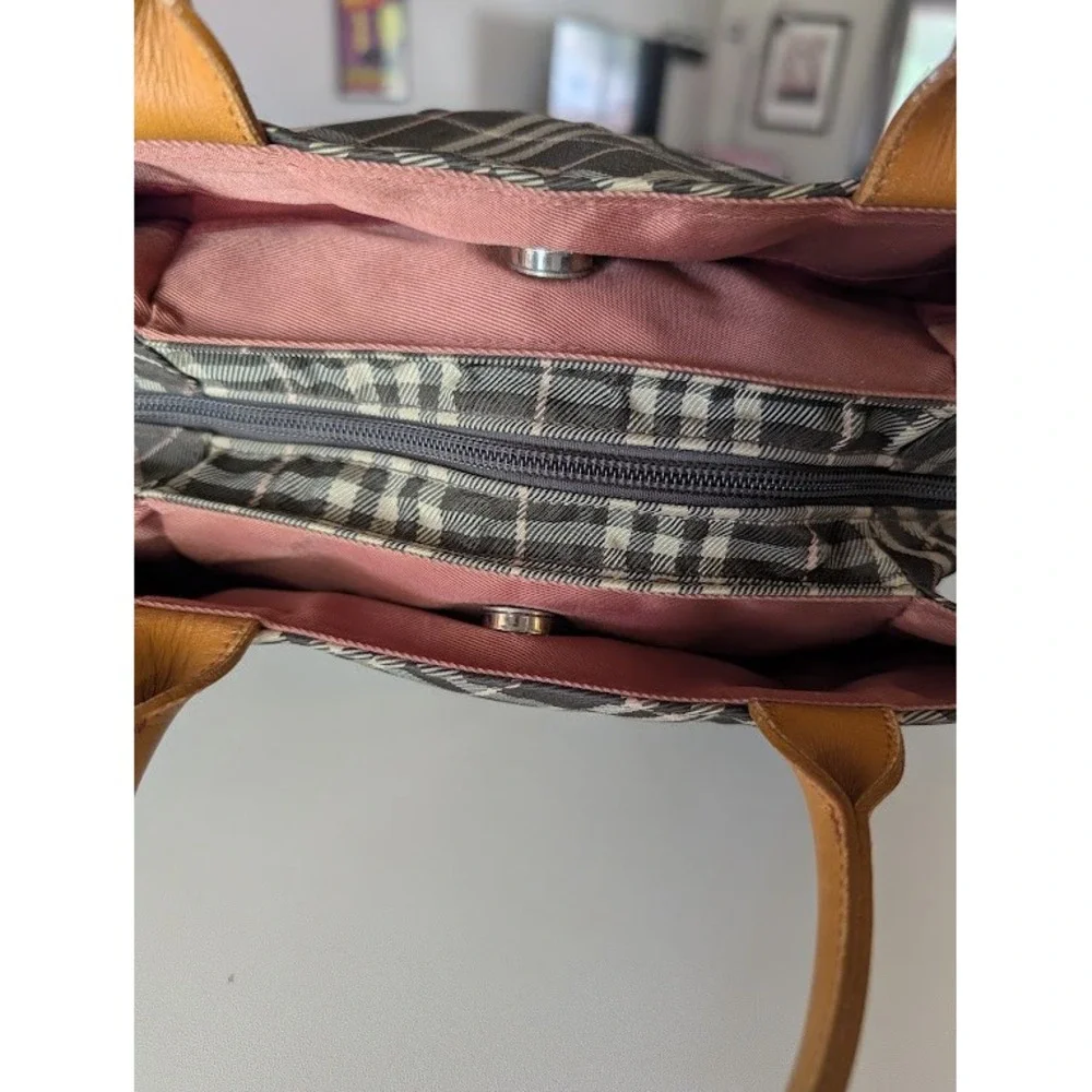 Burberry London Blue Label Nova Check Canvas Leather Tote Handbag Brown Pink